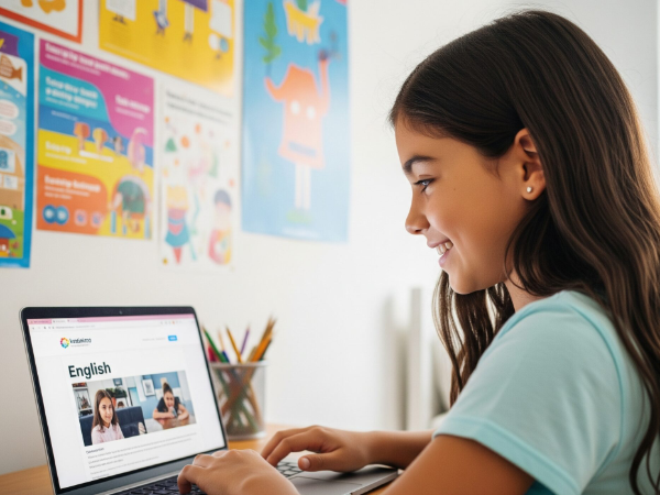 Dziecko uczy się angielskiego online z uśmiechem